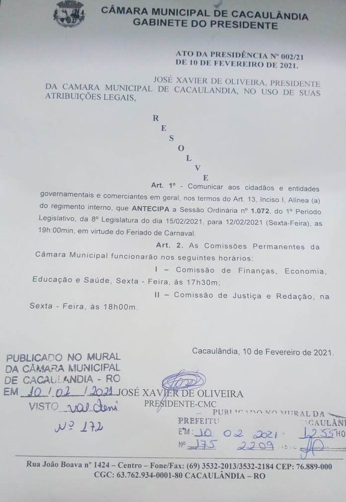 Câmara Municipal de Cacaulândia antecipa sessão ordinária devido ao feriado de carnaval